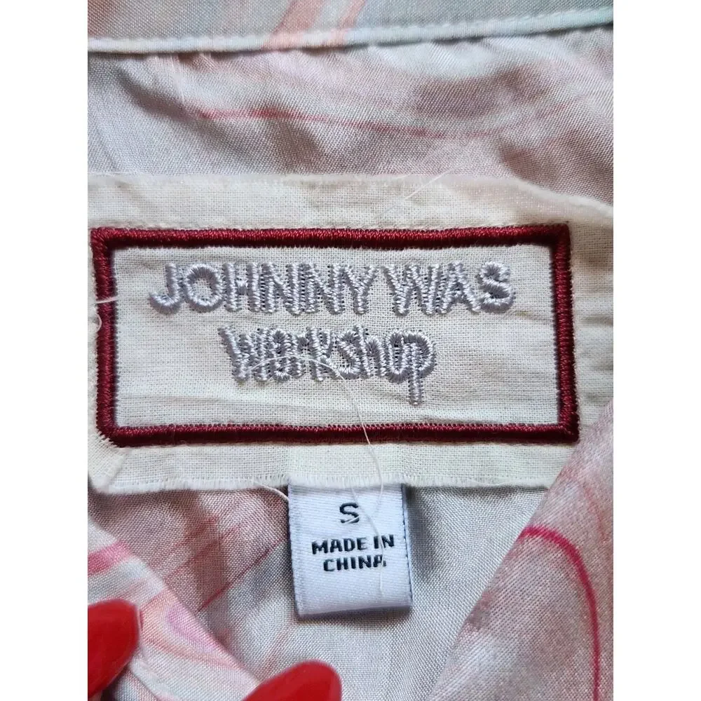 Johnny Was Silk Blouse Size S Pink Multicolor Marble Swirl Print Puff Sleeve